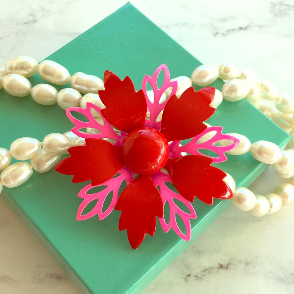Vintage flower brooch pin Pink & Red & Fantastic - Picture 6 of 8